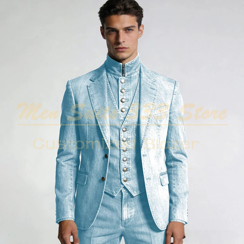 Tailor Made Men's Suits Denim Single Breasted Notch Lapel Slim Fit 3 Piece Jacket Pants Vest Full Sets Elegant Male Clothing