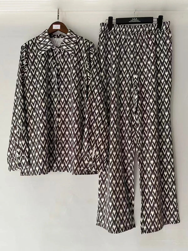 Retro geometric print lapel straight leg shirt two-piece set for 2026 spring women's clothing+loose wide leg pants fashion set