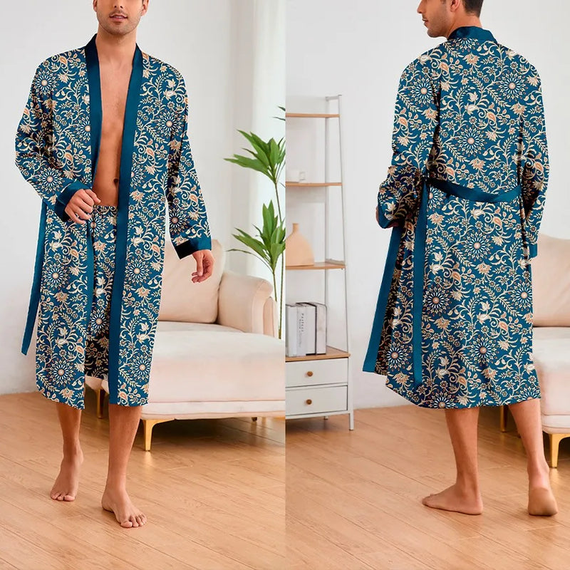 Men's Ice Silk Sleepwear Two-piece Set Kimono Bathrobe Gown Long Robe Pajamas Set Print Tiger Loose Casual Homewear Lounge Wear