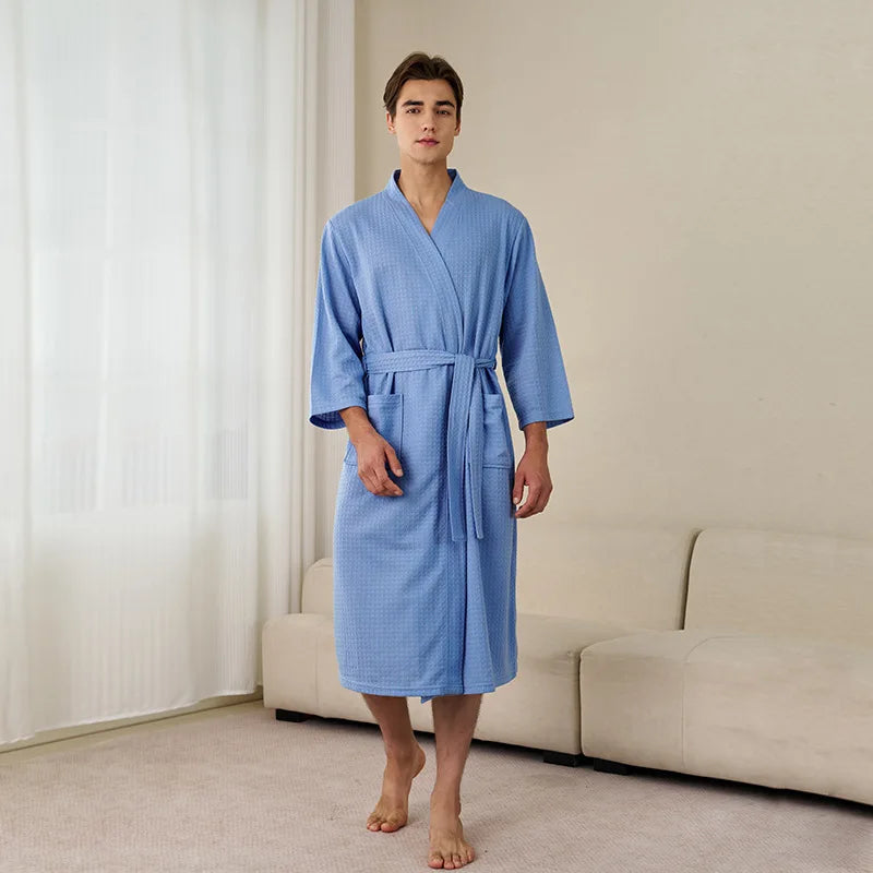 Men's and Women's Universal Waffle Seven-Sleeve Lightweight Long Bathrobe for Hotels, Soft and Breathable, Couple's Homewear