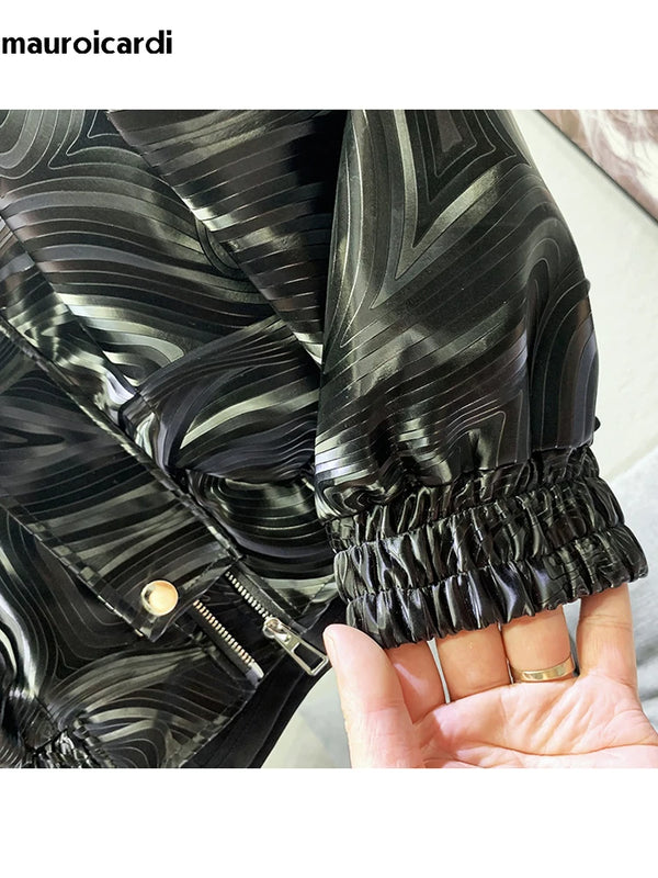 Mauroicardi Spring Autumn Cool Short Black Shiny Geometric Faux Leather Jacket Men Zipper Stylish Luxury Designer Clothes