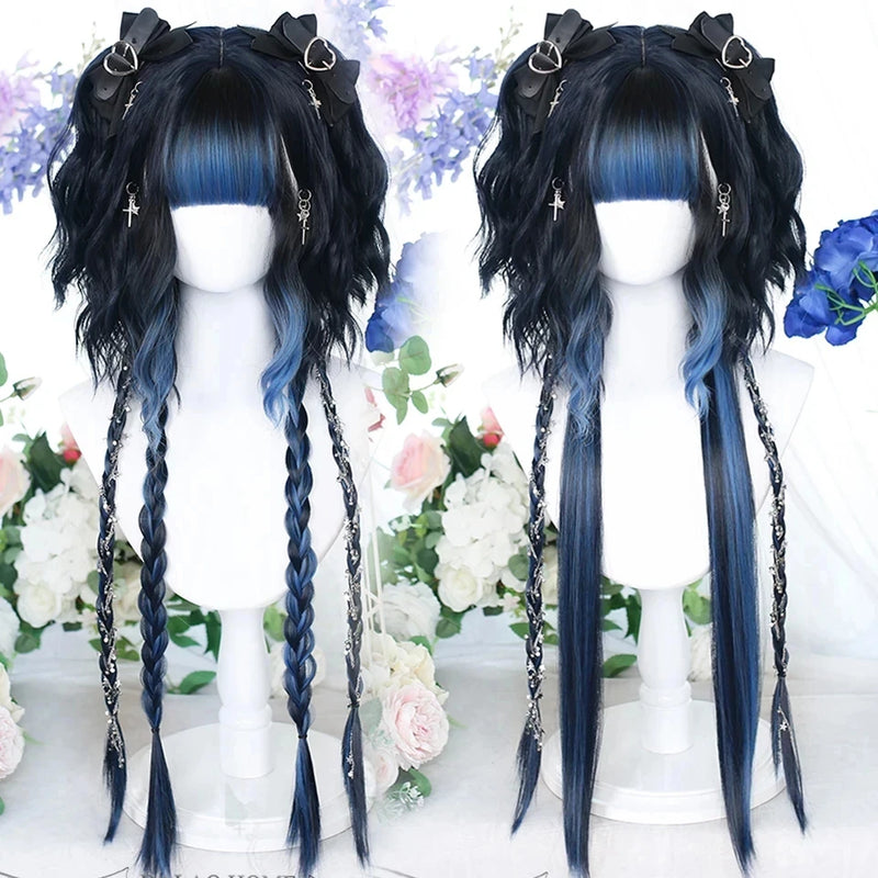 Synthetic Long Curly Wavy Lolita Wig with Bangs Wig Girl Cute Ombre Pink Blonde Black Cosplay Party Halloween Harajuku Wig