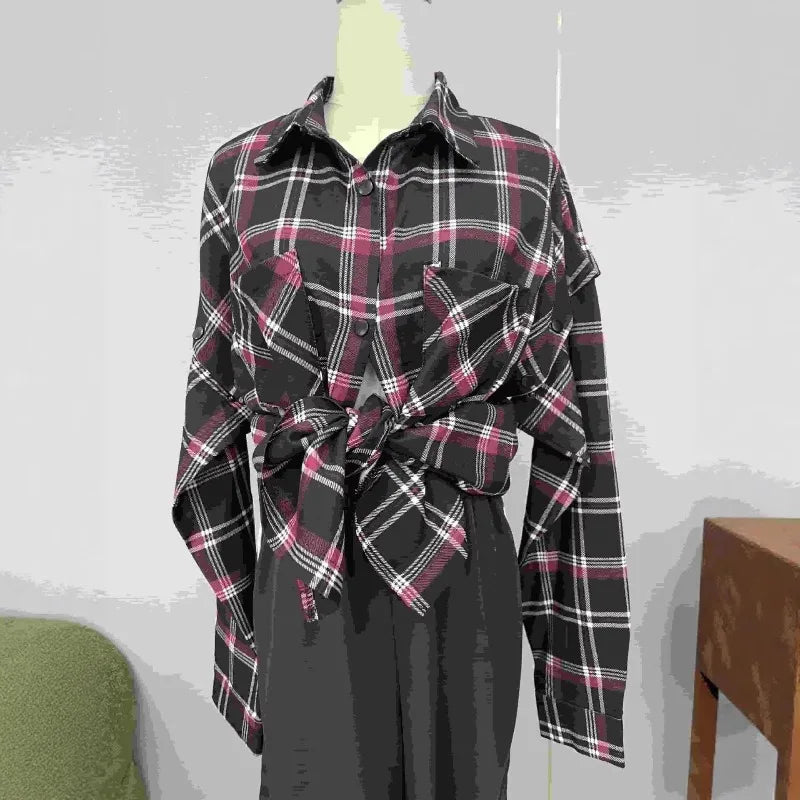 Women's Spring Blouse Jacket Shirt Checkered Short-sleeved Pocket Retro Luxurious Chic Trendy Minimalist Fashionable Comfortable