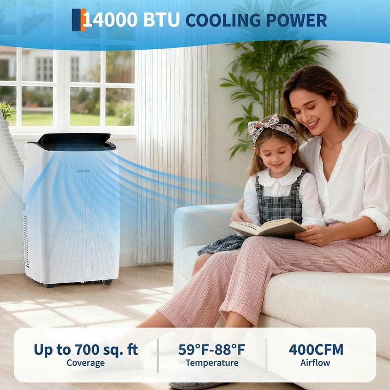 14000 BTU Portable AC Unit For 700 Sq Ft, 3-in-1 Air Conditioner, Fan & Dehumidifier, Remote, Window Kit, LED Panel