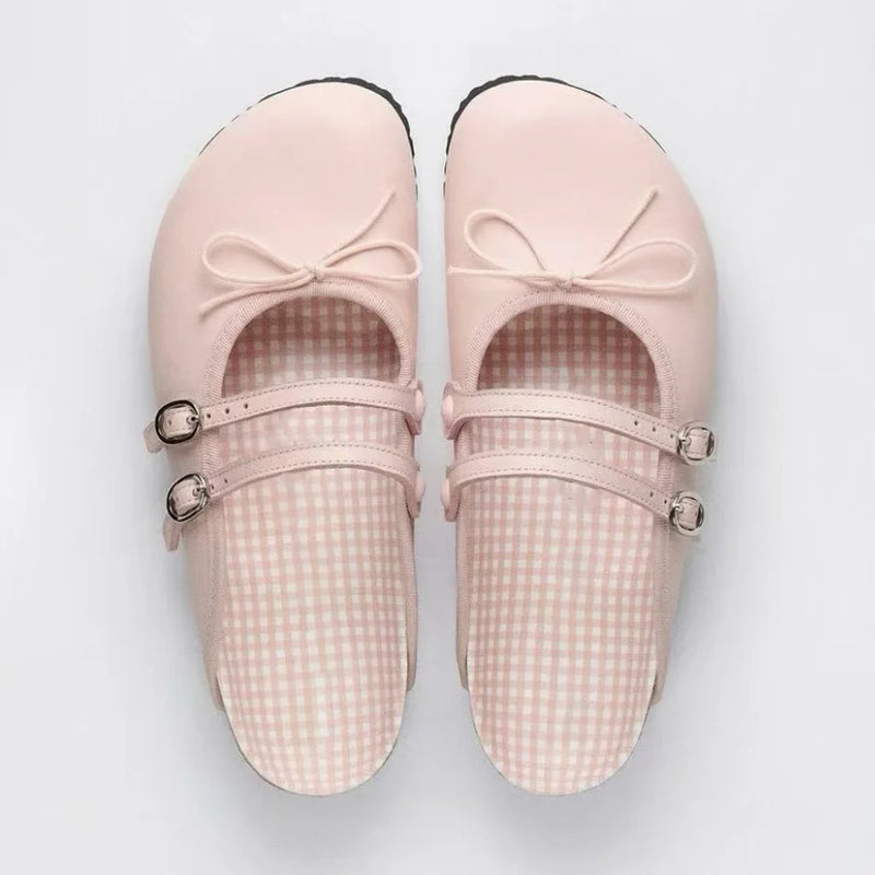 Women's Patent Leather Mary Jane Mules Buckle Bow Decor Slip on Flat Shoes Plaid Lining Casual Half Slippers Fashion  Footwear