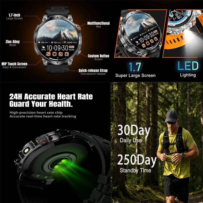 Hot New 1400mAh Big Battery Smart Watch Men Outdoor Flashlight IP68 Waterproof Bluetooth Call AMOLED Military Sports Smartwatch