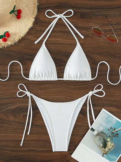 Summer white pure simple front-tie bikini swimsuit set | SAMAG