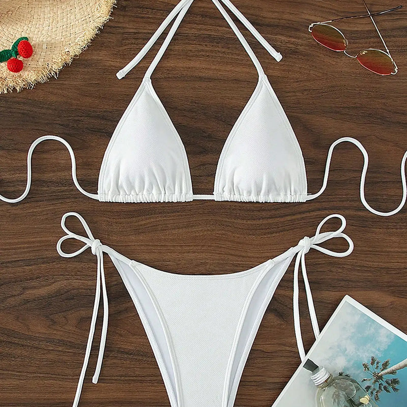 Summer white pure simple front-tie bikini swimsuit set
