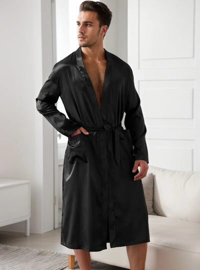 Comfortable Men's Black Satin Pajama Set V-Neck Long | SAMAG