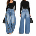 Women High Waist Wide Leg Jeans, Side Cutout Eyelet Rivet Denim Pants Loose Fit Hollow Out Flared Trousers Streetwear Fashion Baggy Jeans with Pockets