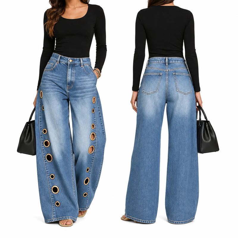 Women High Waist Wide Leg Jeans, Side Cutout Eyelet Rivet Denim Pants Loose Fit Hollow Out Flared Trousers Streetwear Fashion Baggy Jeans with Pockets