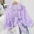 Summer Sun-protective Clothing Casual Loose Clothes Elegant Solid Color Tied Waist Blouse Bat Half Sleeve Button Chiffon Shirt