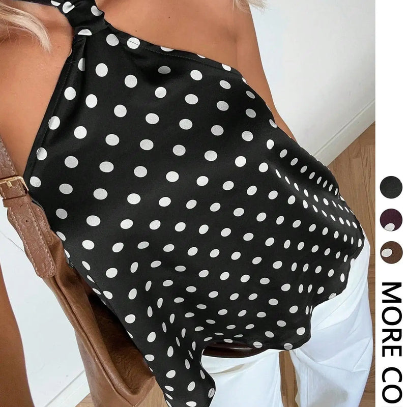 Women's Fashion Polka Dot Print Halter Necktie Top One Piece Round Dot Patterned Halter Style Vest-Style Upper Apparel