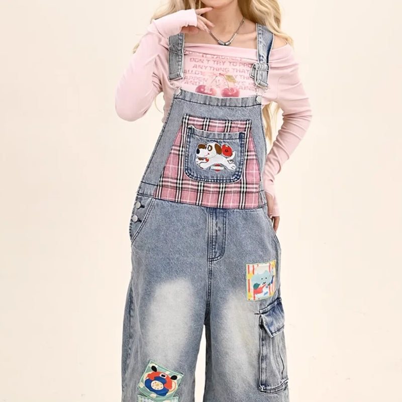 Y2K Aesthetic Cartoon Dog Embroidery Denim Overalls Women - View 6 | SAMAG