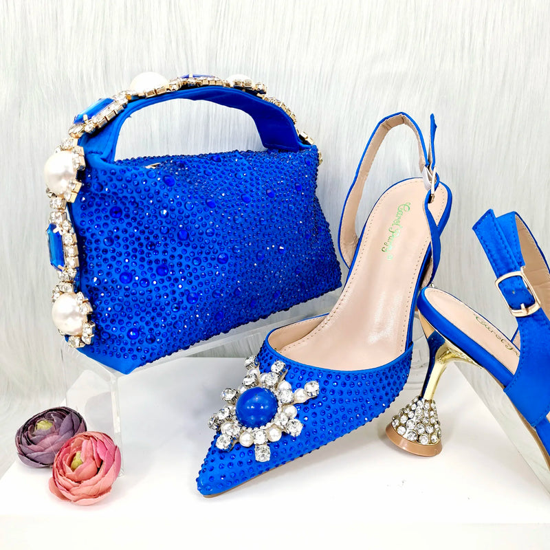 QSGFC 2026 New Fashion Purple Sandals Sequins Rhinestone Point Toe High Heels Slingback Women's Dress Women's Shoes & Bag Set