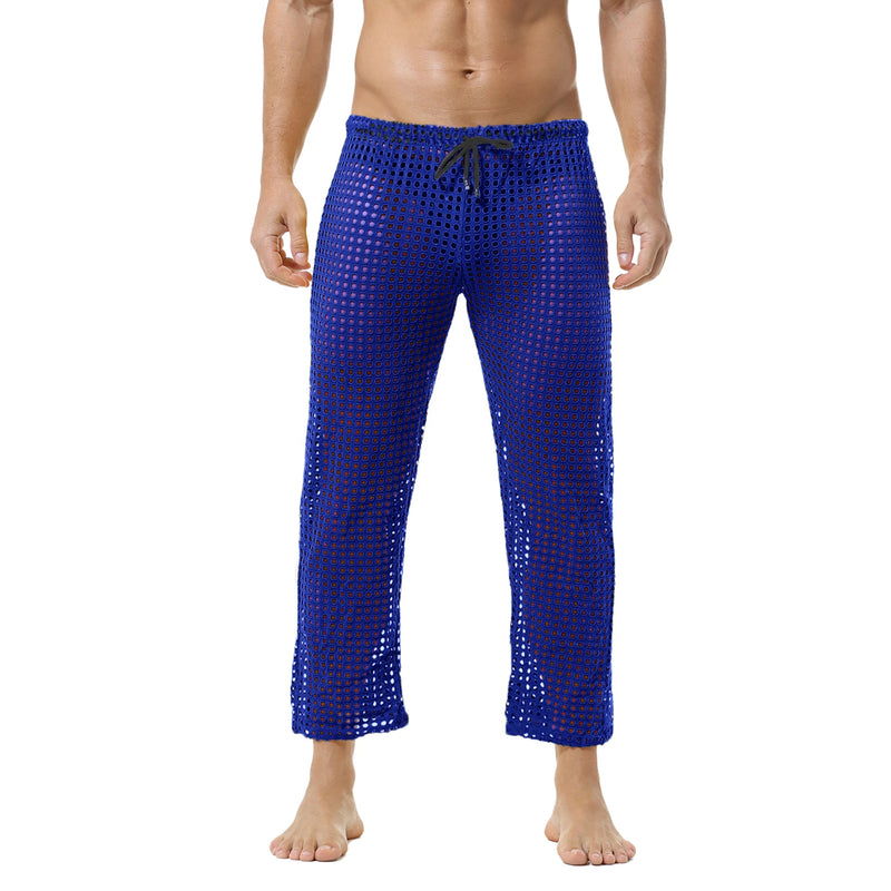 Men's Fishnet Hollow Out Robes Classic Lounge Pants Sexy Sleepwear Mens Robe Sets Daily Home Sleeveless Bathrobes Hooded Pajamas