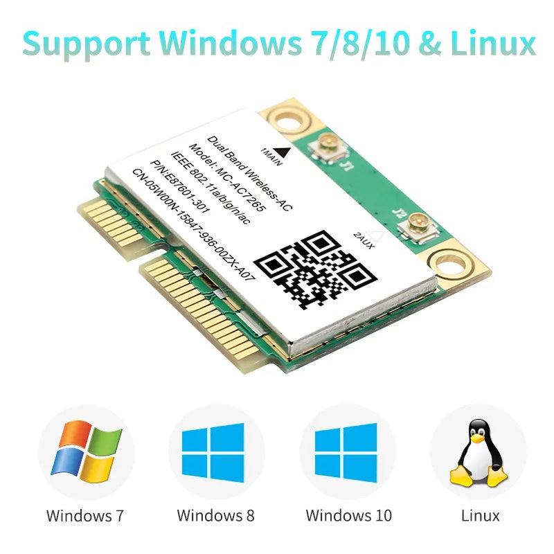 Wifi 5 1200Mbps Bluetooth 4.2 Half Mini PCI - E Card MC - AC7265 Wireless802.11ac 2.4G 5Ghz For Laptop Win - Visuel 5 | SAMAG