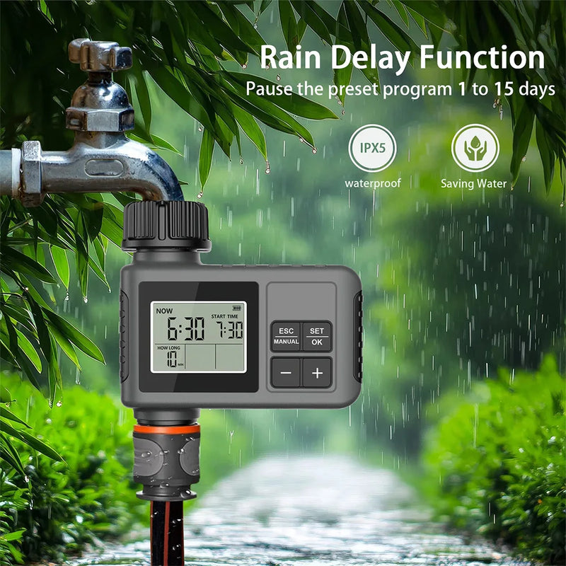 30-5m Garden LCD Button Timer Irrigation Set 0-80L/H Rotating Adjustable Nozzle Intelligent Display Automatic Watering System