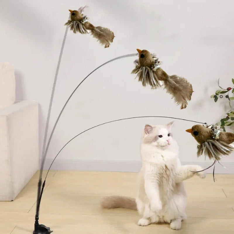 Plush Simulated Bird Cat Stick Head Cat Teaser Stick Colorful Cat Playing Teaser Wand Suction Cup Teaser Toy Interactive Cat Toy