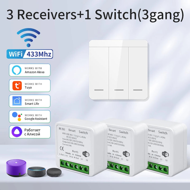 Tuya WiFi Smart Switch 433Mhz Relay Receiver Wireless 1/2/3 Gang 86 Wall Panel Switch APP Control Works with Alexa Google Home