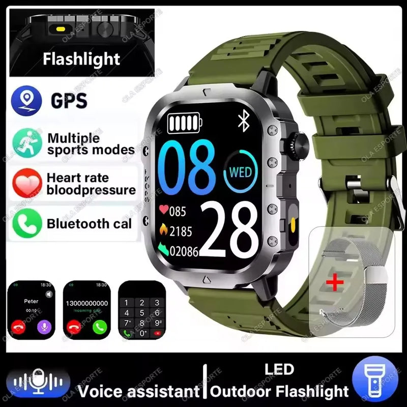 2026 New Military Smart Watch Men IP67 3ATM Outdoor Sports Fitness Tracker Blood Pressure Health Monitor BT Calls GPS Smartwatch