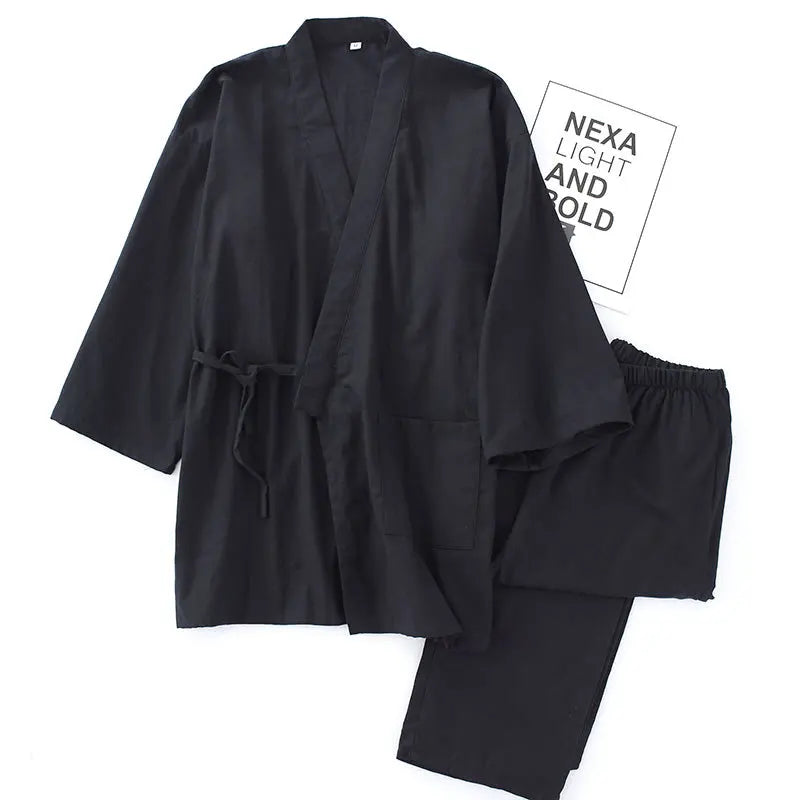 Men's new men's kimono pajamas thin breathable summer cotton gauze long set loungewear loose solid color bathrobe large size