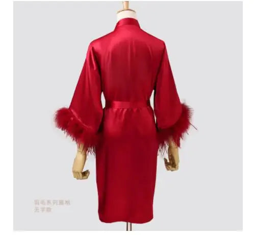 Women FEATHER Bride Bridesmaid Wedding Robe Satin Kimono | SAMAG