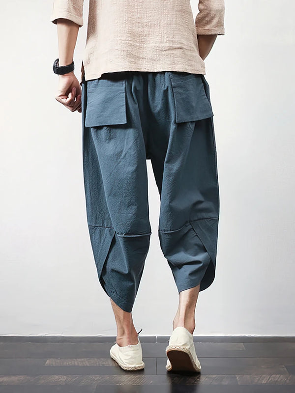 Beach Summer Cotton Linen Cargo Shorts Men Baggy Wide leg | SAMAG