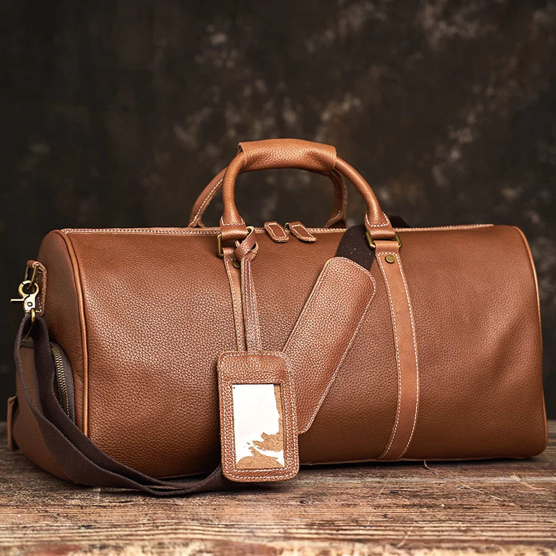 Vintage Men's Travel Bag Genuine Leather Hand Luggage Boston Bag Duffle Large Capacity Shoulder For 16 Inch Laptop NUPUGOO