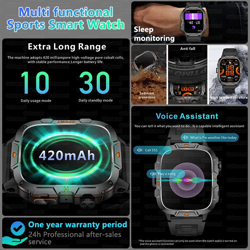 2025 New Military Grade Smart Watch Men 1.96" AMOLED Screen 5ATM Waterproof Simming Sports Fitness Tracker BT Call Smartwatches