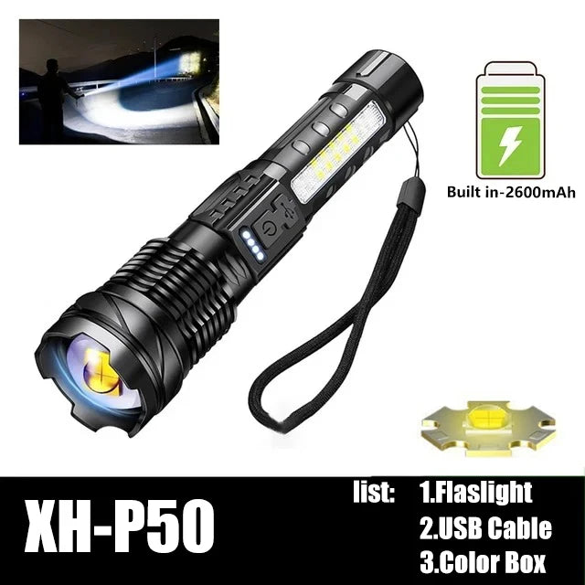 Powerful XHP50 LED Flashlight 18650 Torch Waterproof with Side Light 7 Modes USB Rechargeable Zoom Lamp for Camping Fishing