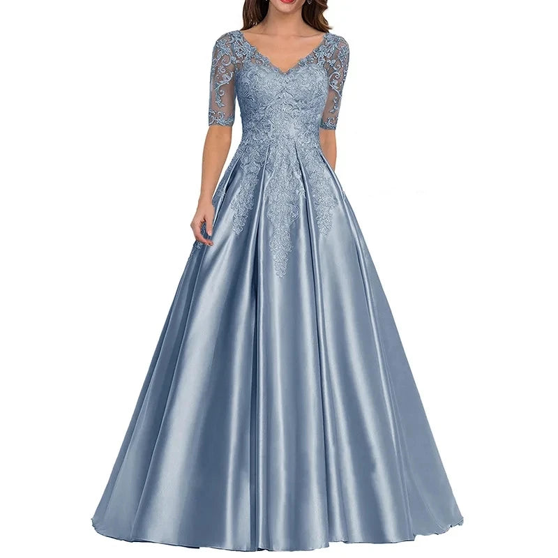 A Line Women Evening Dresses Satin Appliques V Neck Prom | SAMAG