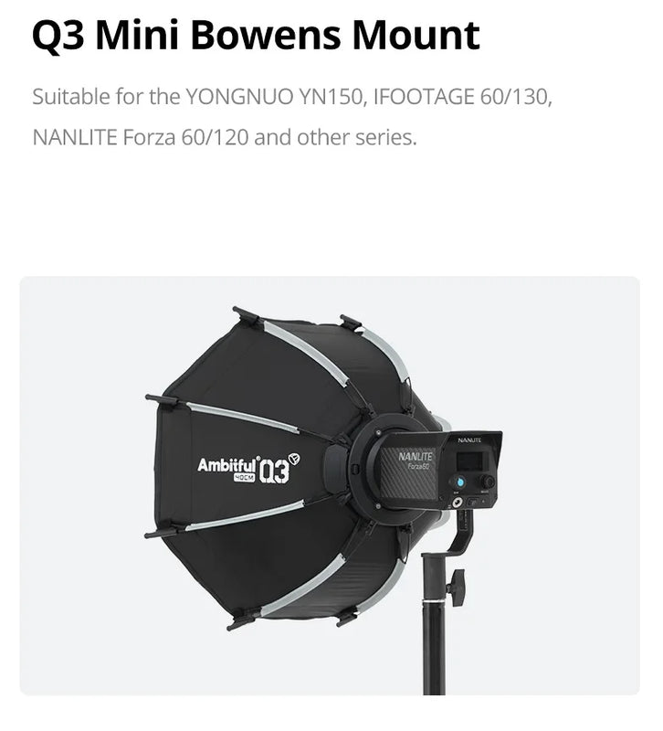 New AMBITFUL Q3 Softbox Light Box With Optional Grid,Mini Bowens Mount,GODOX Mount,Flashlight Bracket For GODOX YONGNUO NANLITE