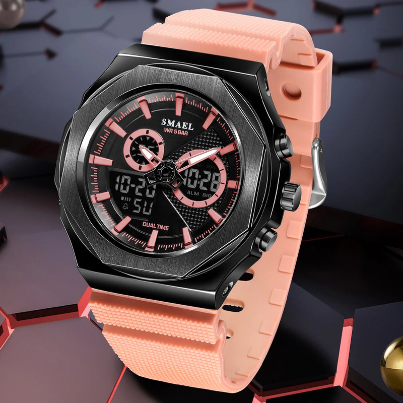 SMAEL Women Dual Display Waterproof Sport Quartz Watch LED Digital Analog Stopwatch Durable Daily Outdoor Casual Wristwatch