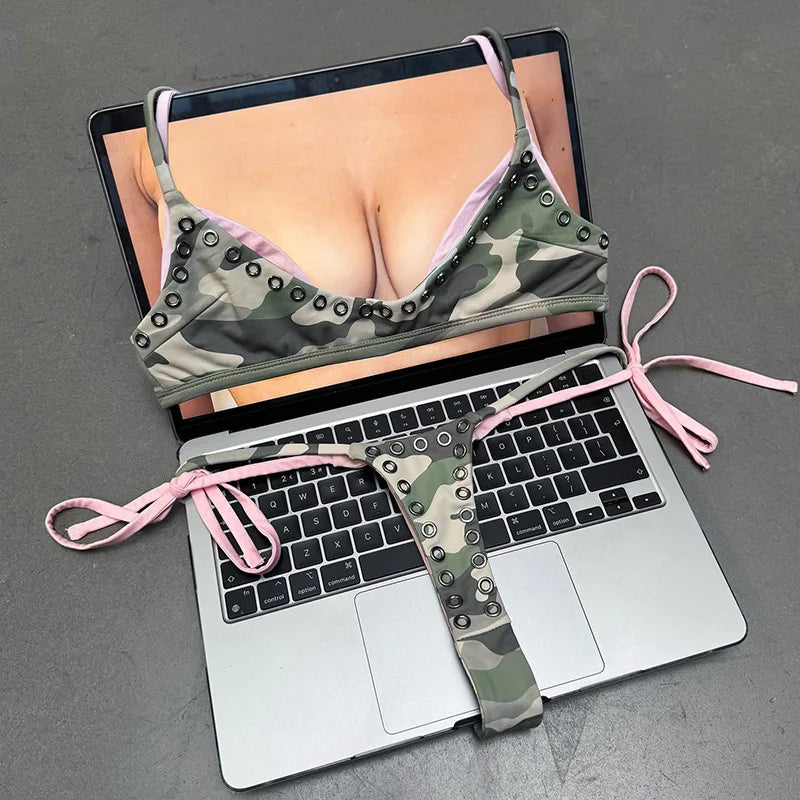 Gothic Camouflage Pink Contrast Metal Decorative Bikini | SAMAG