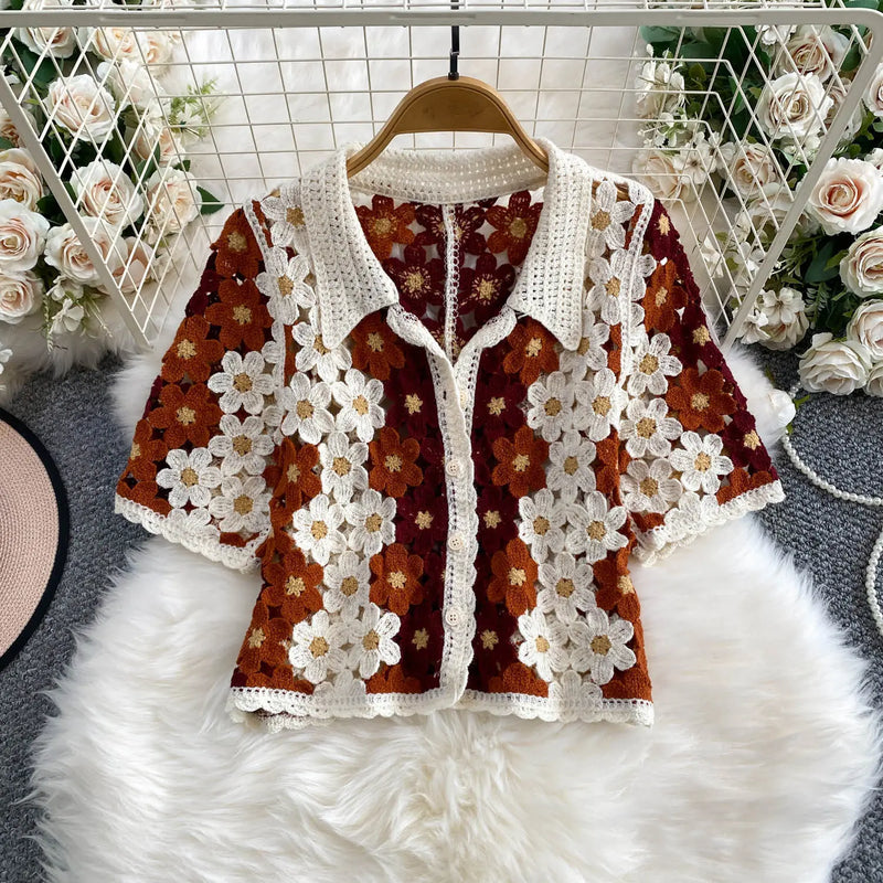 Crochet Knit Shirt Short Sleeve Floral Granny Square - View 6 | SAMAG