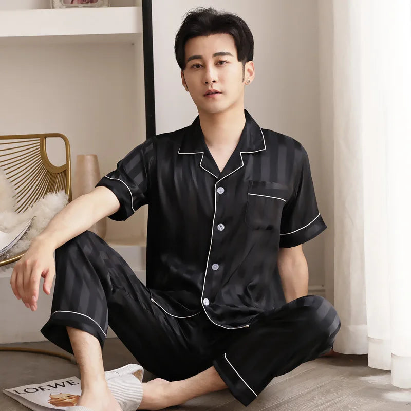 White Striped Men Pajamas Suit Short Sleeved Long Pants Thin Ice Silk Sleepwear Summer Satin Silk Home Clothing Set Pyjamas Male