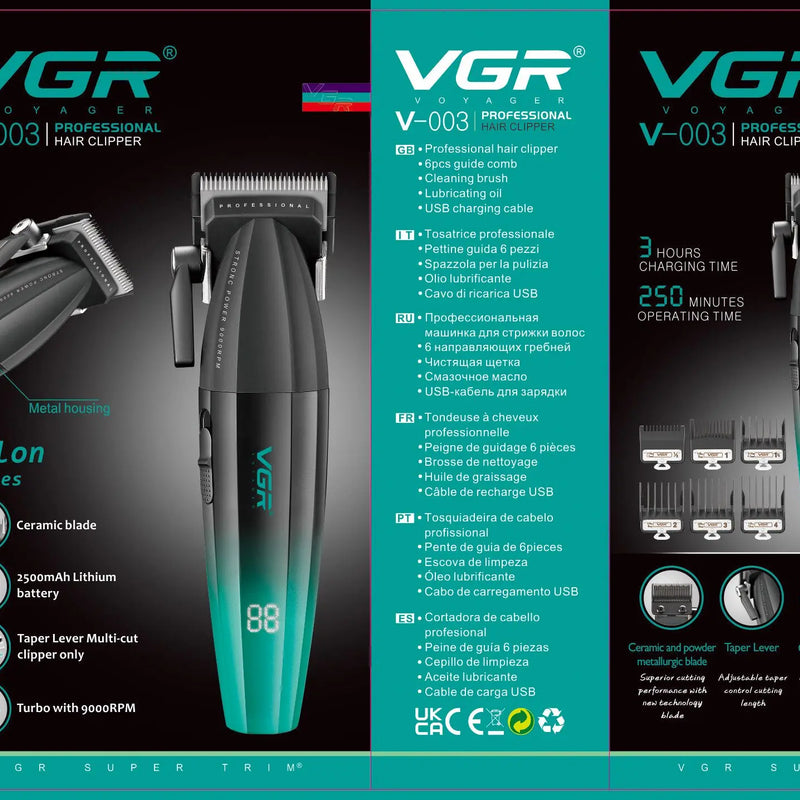 Original VGR Metal 9000RPM Hair Clipper Professional Men's Rechargeable Hair Trimmer Barber Cordless Hair Cutting Electric 8W