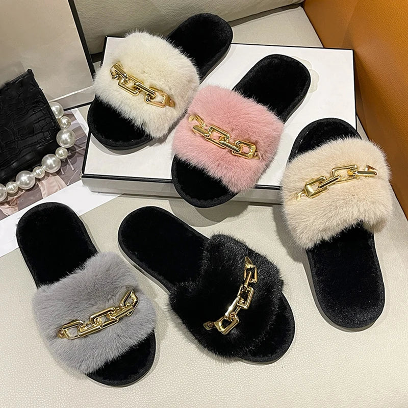 Fluffy Women's Slippers Home Winter Chain Luxury Designer Woman Shoes Plush Indoor Casual Platform Fuzzy Fur Slides Elegant New
