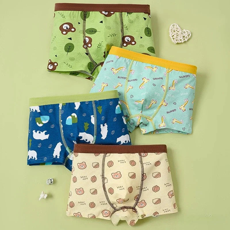 4 Pack Boys Cotton Underwear Soft Comfortable Kids Boxer Briefs Cartoon Design