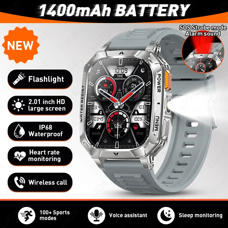 LIGE Militray 1400mAh Large Battery Smart Watch Men 2.01"HD Screen LED Flashlight & SOS Light BT Call Health Monitor Smartwatch