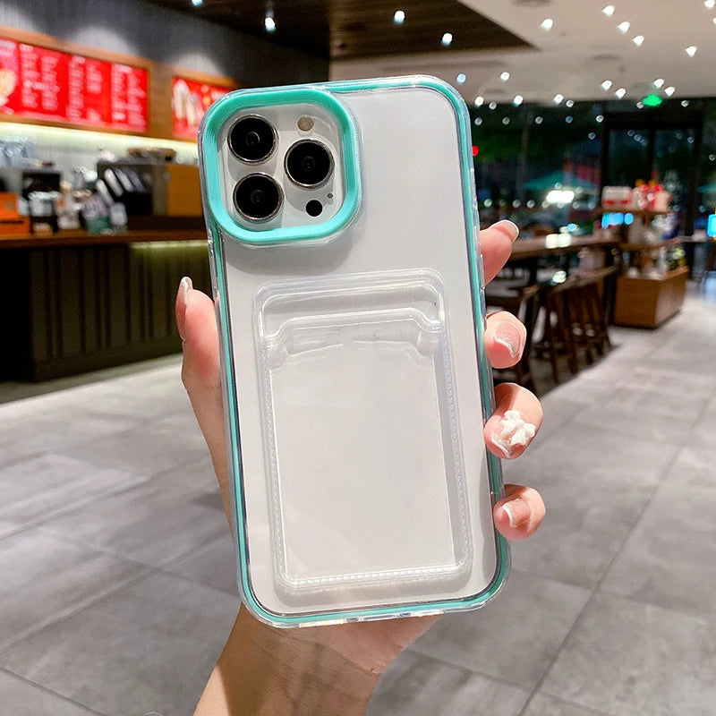 Simple Fashion Card Pocket Bag Colorful Bumper Phone Case For iPhone 16 17 Pro Max 15 14 13 12 11 16 Plus Air Clear Back Cover