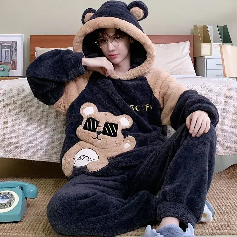 2025 New Autumn and Winter Loungewear Coral Fleece Pajamas Men Plus-size Long-sleeved Sleepwear Suit Thickened Plush Homewear