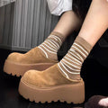 Women's Suede Platform Mules Round Toe Thick Chunky Sole Cotton Lined Warm Clogs Backless Slides Casual Height Increasing Shoes