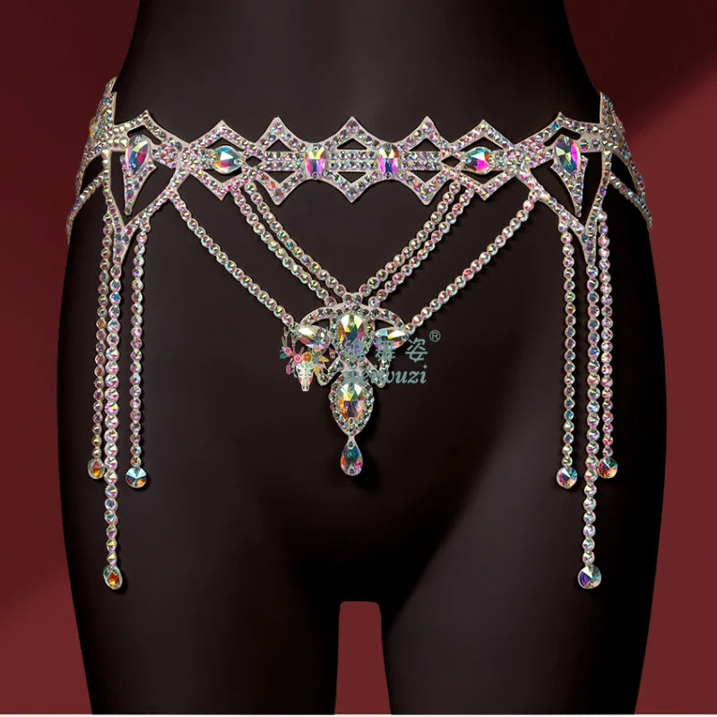Sexy High End Belly Dance Waist Chain for Womens Handmade Rhinstone Diamond Accessories Female Ballroom Performance Jewelry Belt