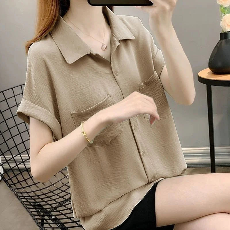 2026 New Faion Loose Materni Summer irt Women's Thin ort Sve Polyester  Collar Button up Casual Top