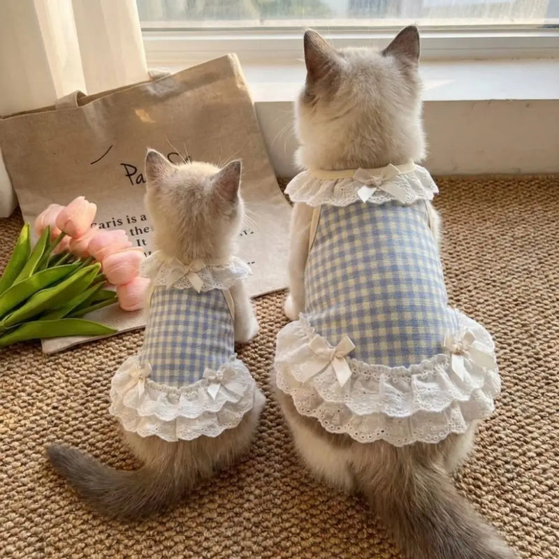 Cute Bow Lace Design Pet Dog and Cat Checkered Clothes Comfortable Breathable Cat Vest Lightweight Small Dog Vest