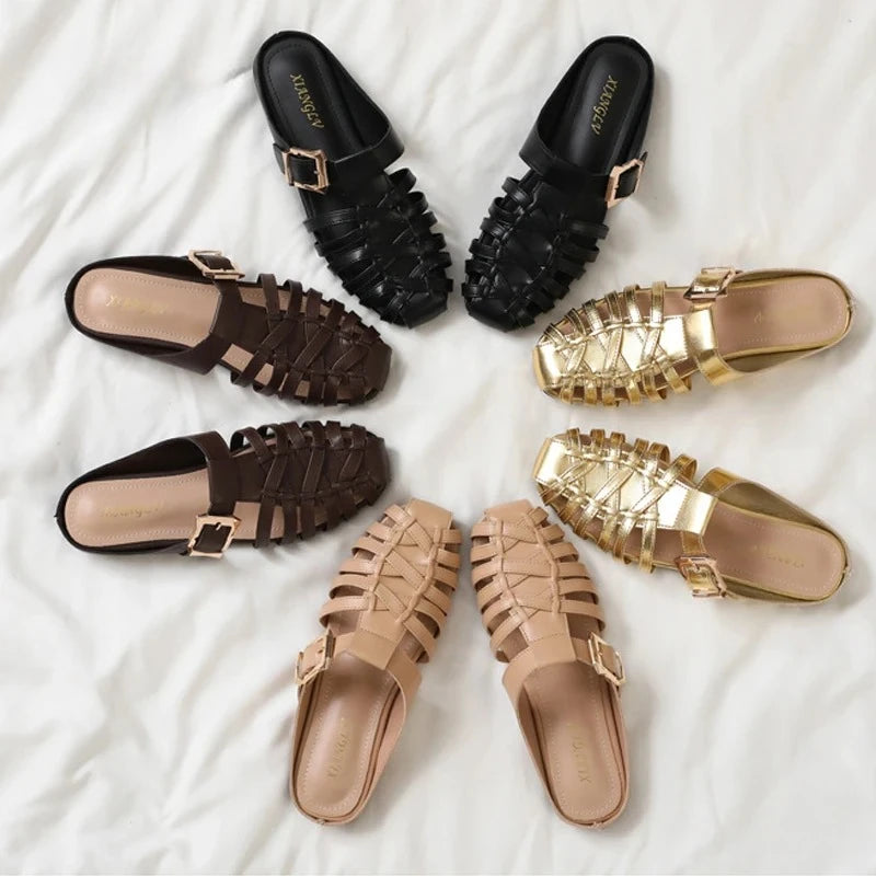 2026 Summer New Women's Mules And Clogs Closed Toe Woven Hollow Out Breathable Slip On Shoes Plus Size Casual Flat Sandals мюли