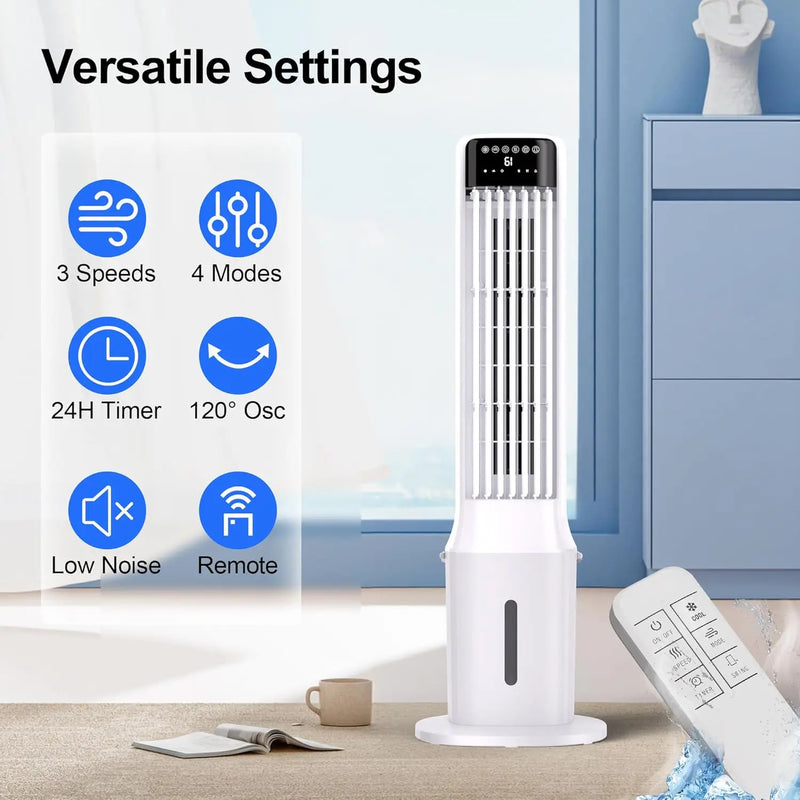 41" Portable Air Conditioners, 120° Oscillating Cooling Fans that Blow Cold Air with 24H Timer, 4 Modes & 3 Speeds, Dual Water Tank, 4 Ice Packs, Remote, 2.4 Gal