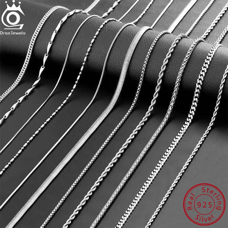 ORSA JEWELS 925 Sterling Silver Chain Necklaces Fashion Party for Men Women DIY Jewelry Simple High Quality 16-24 Inch Wholesale